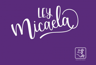 La imagen es un flyer violeta con el texto "Ley Micaela" y el logo de LSA