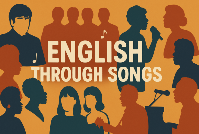 La imagen muestra una ilustración creada con IA que dice Ehglish Through Songs y contiene siluetas de artistas musicales